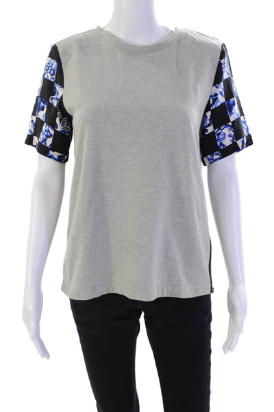 Tibi Womens Cotton Checkered Short Sleeve Zippered Blouse Top Gray Size 6