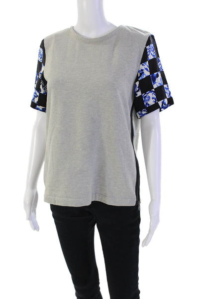 Tibi Womens Cotton Checkered Short Sleeve Zippered Blouse Top Gray Size 6