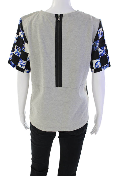 Tibi Womens Cotton Checkered Short Sleeve Zippered Blouse Top Gray Size 6