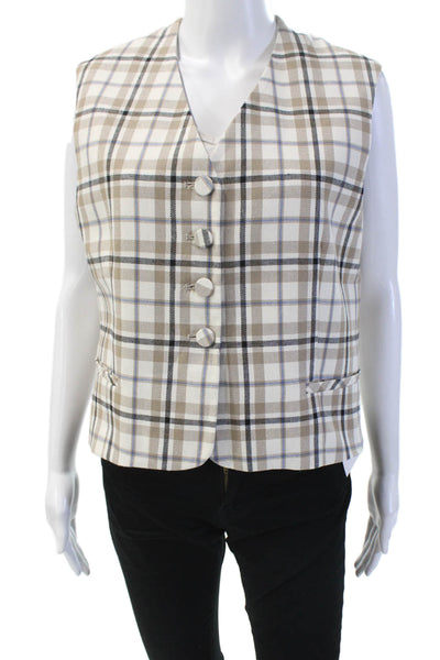 Drew Womens Plaid Button Down Vest Blouse Beige Blue Cotton Size Large