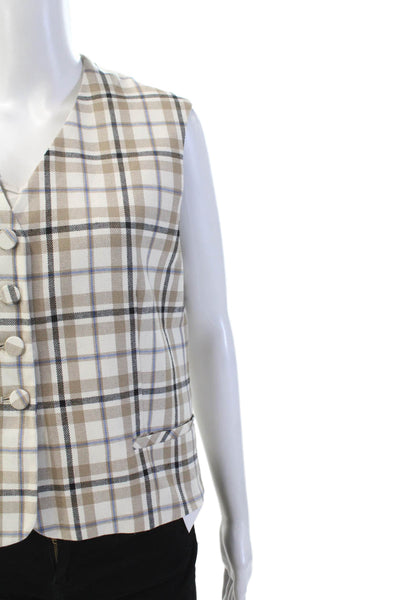 Drew Womens Plaid Button Down Vest Blouse Beige Blue Cotton Size Large