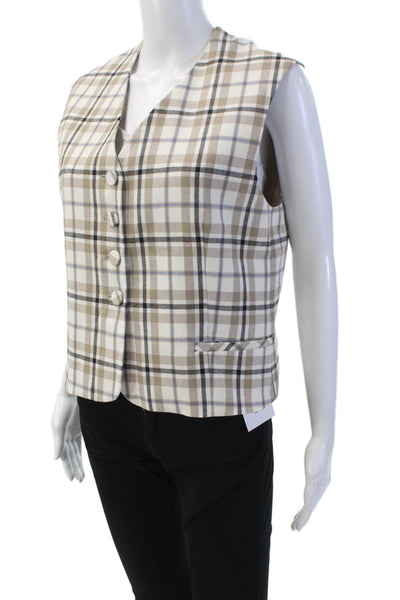 Drew Womens Plaid Button Down Vest Blouse Beige Blue Cotton Size Large