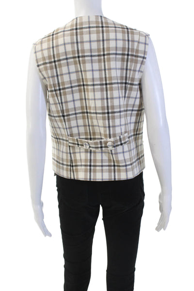 Drew Womens Plaid Button Down Vest Blouse Beige Blue Cotton Size Large