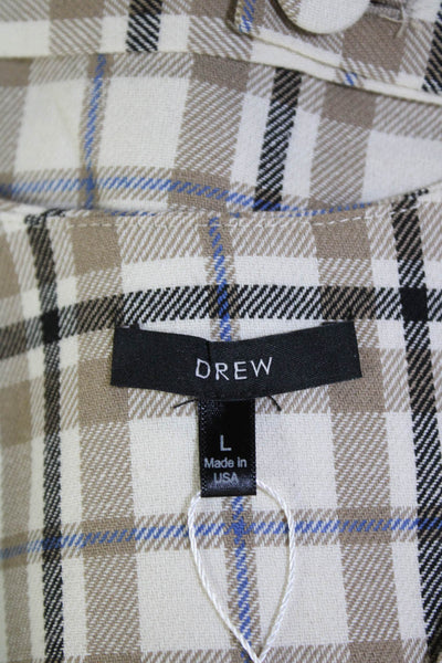 Drew Womens Plaid Button Down Vest Blouse Beige Blue Cotton Size Large