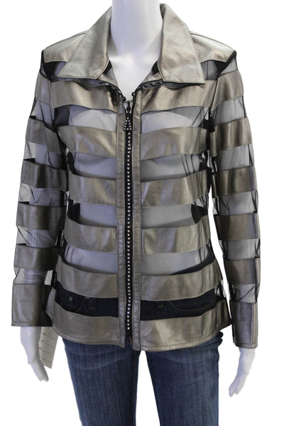 Natto Womens Leather Mesh Trim Collar Long Sleeve Jacket Gray Black Size M