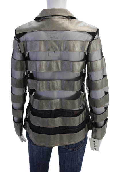 Natto Womens Leather Mesh Trim Collar Long Sleeve Jacket Gray Black Size M