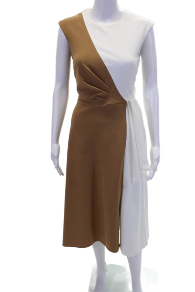 Calvin Klein Womens Round Neck Sleeveless Lined Ruched Colorblock Dress Brown Si