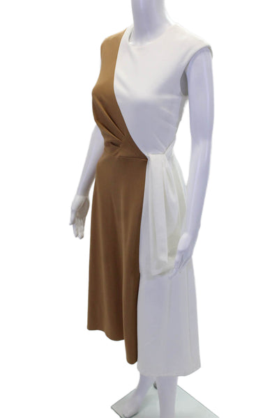 Calvin Klein Womens Round Neck Sleeveless Lined Ruched Colorblock Dress Brown Si