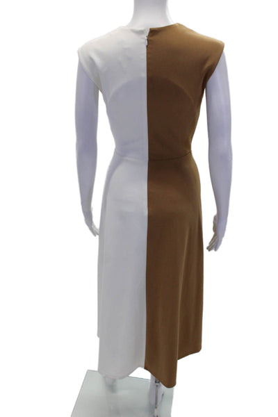 Calvin Klein Womens Round Neck Sleeveless Lined Ruched Colorblock Dress Brown Si