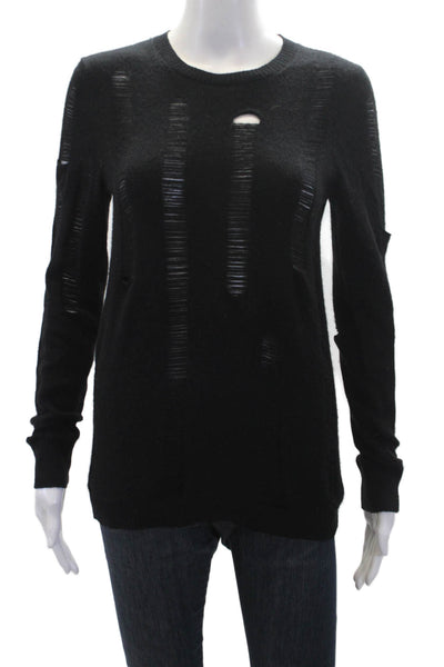 Aqua Cashmere Women's Long Sleeves Distress Cashmere Sweater Black Size XS