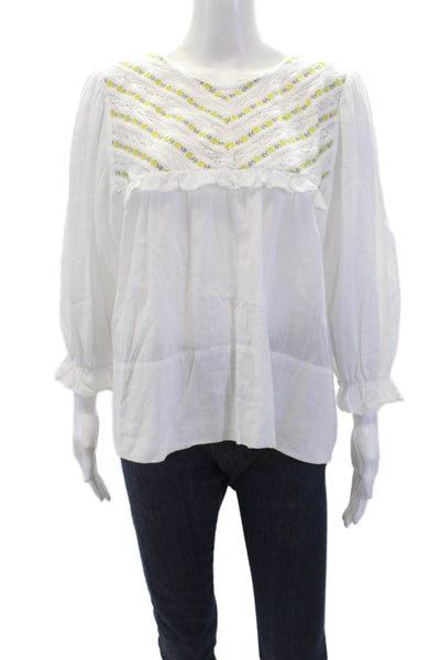 The Great Womens Long Sleeve Floral Embroidered Scoop Neck Top White Size 2