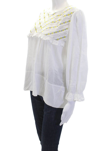 The Great Womens Long Sleeve Floral Embroidered Scoop Neck Top White Size 2