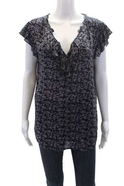 Velvet by Graham & Spencer Womens Short Sleeve Ruffled Floral Top Navy Large