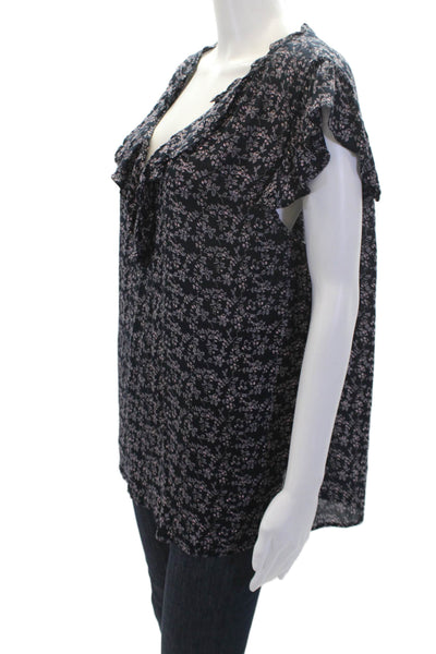Velvet by Graham & Spencer Womens Short Sleeve Ruffled Floral Top Navy Large