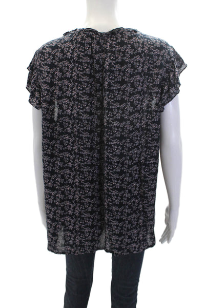 Velvet by Graham & Spencer Womens Short Sleeve Ruffled Floral Top Navy Large