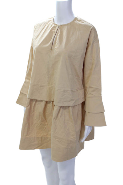 Ganni Womens Cotton V-Neck Long Sleeve A-line Dress Beige Size 34