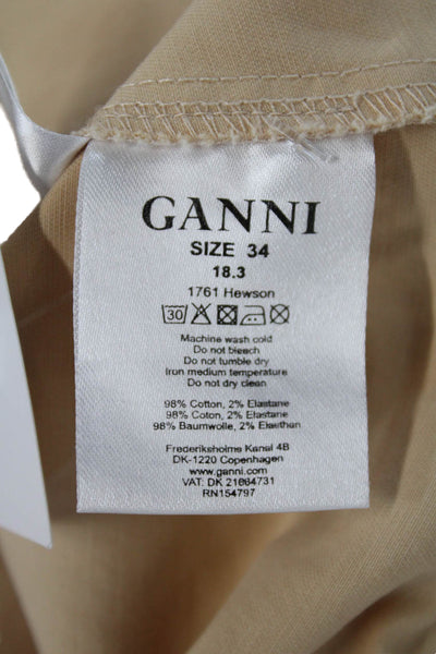 Ganni Womens Cotton V-Neck Long Sleeve A-line Dress Beige Size 34