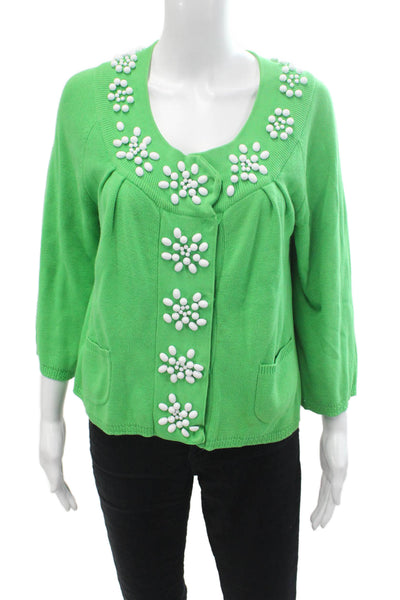 Milly Womens Cotton Knit Beaded Button Up Cardigan Sweter Green Size M