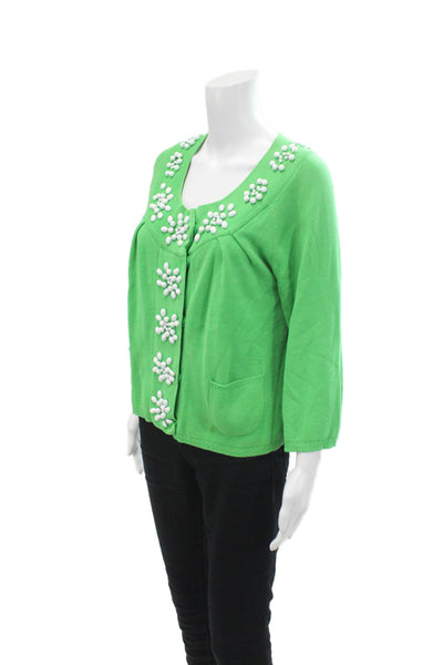 Milly Womens Cotton Knit Beaded Button Up Cardigan Sweter Green Size M