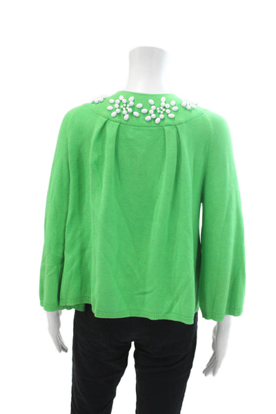 Milly Womens Cotton Knit Beaded Button Up Cardigan Sweter Green Size M