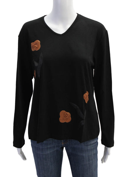 Natto Womens Leather Detail Round Neck Long Sleeve T-Shirt Top Brown Size XL