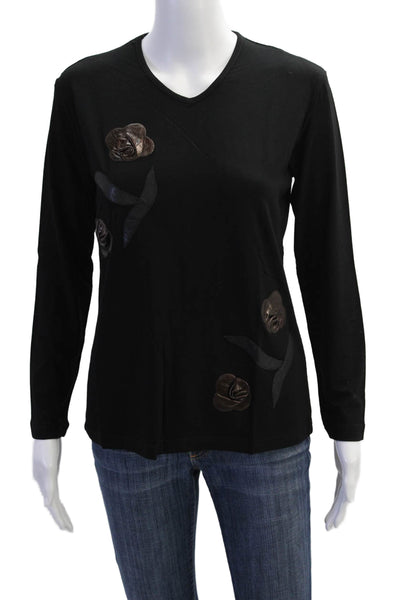Natto Womens Leather Detail Round Neck Long Sleeve T-Shirt Top Brown Size M