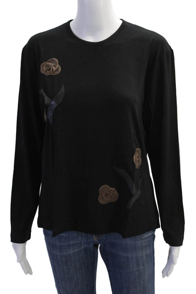 Natto Womens Leather Detail Round Neck Long Sleeve T-Shirt Dark Brown Size XL