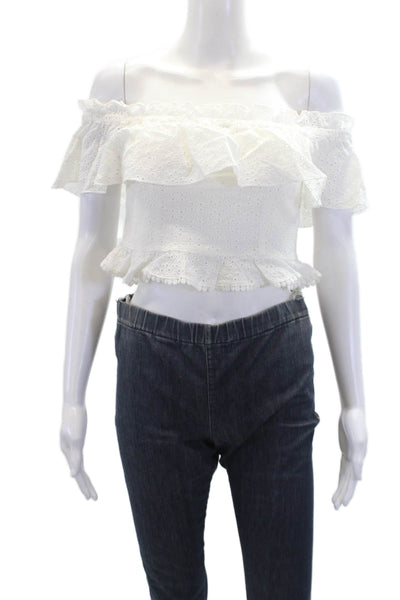 Majorelle Womens Cotton Sleeveless Scoop Neck Ruffle Crop Top White Size S