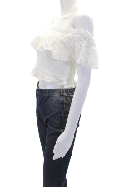 Majorelle Womens Cotton Sleeveless Scoop Neck Ruffle Crop Top White Size S