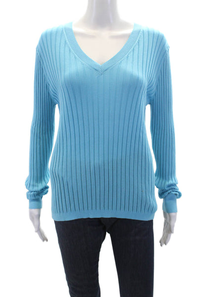 Sharis Place Womens Cotton Ribbed Knit Long Sleeve V-Neck Sweater Blue Size XL