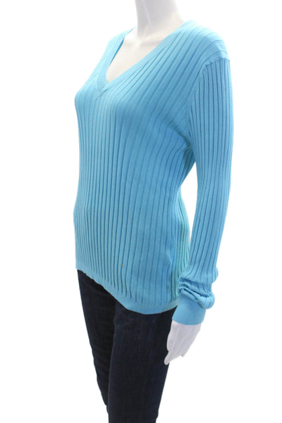 Sharis Place Womens Cotton Ribbed Knit Long Sleeve V-Neck Sweater Blue Size XL