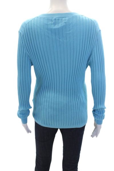 Sharis Place Womens Cotton Ribbed Knit Long Sleeve V-Neck Sweater Blue Size XL