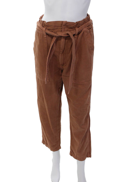 Amo Womens Zipper Fly High Rise Belted Twill Paperbag Pants Brown Size 27