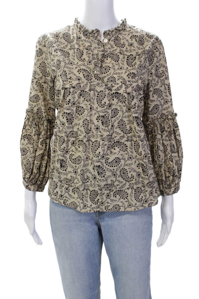 Matta Womens 3/4 Sleeve Crew Neck Paisley Shirt Top Beige Cotton Size Medium