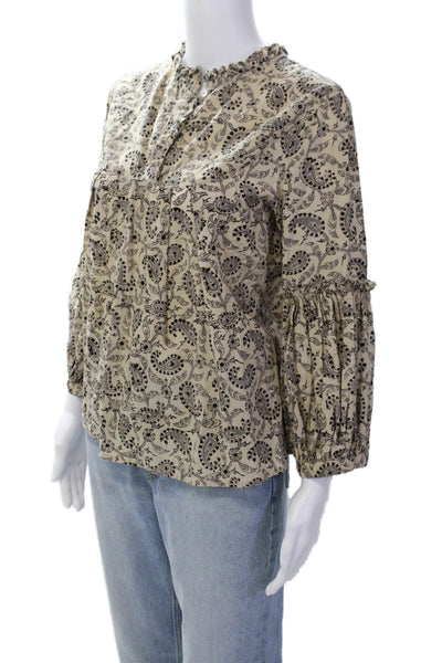 Matta Womens 3/4 Sleeve Crew Neck Paisley Shirt Top Beige Cotton Size Medium