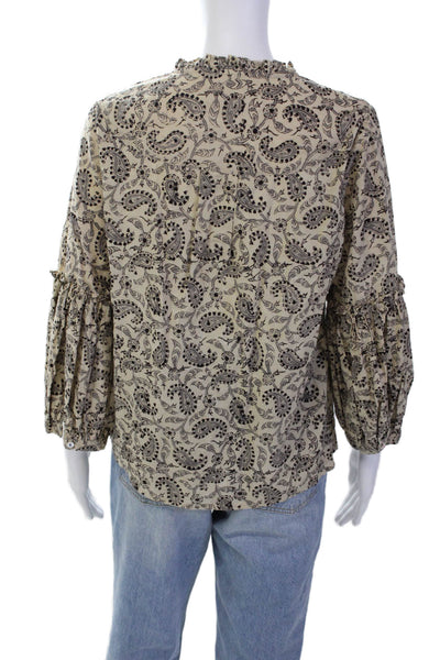 Matta Womens 3/4 Sleeve Crew Neck Paisley Shirt Top Beige Cotton Size Medium