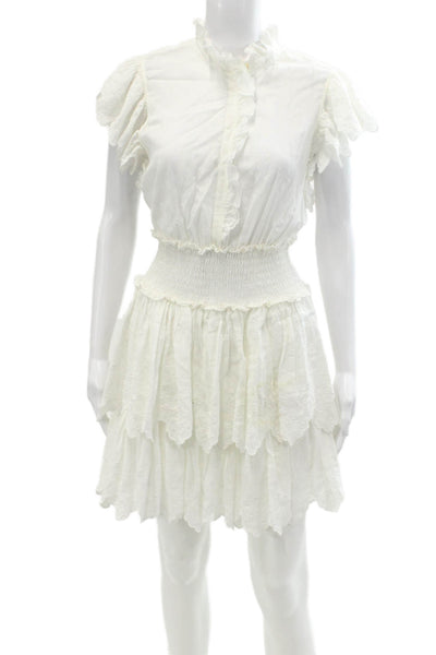 La Vie Womens Cotton Ruffled Eyelet Lace Smocked Waist Mini Dress White Size XS