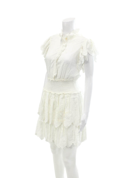 La Vie Womens Cotton Ruffled Eyelet Lace Smocked Waist Mini Dress White Size XS
