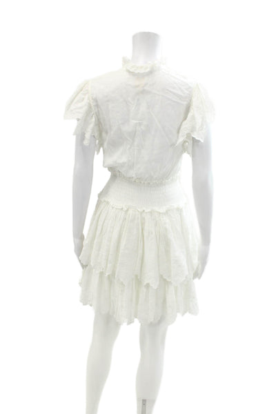 La Vie Womens Cotton Ruffled Eyelet Lace Smocked Waist Mini Dress White Size XS