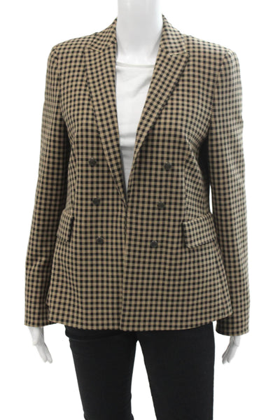 Akris Punto Womens Double Breasted Pointed Lapel Gingham Blazer Jacket Brown 10