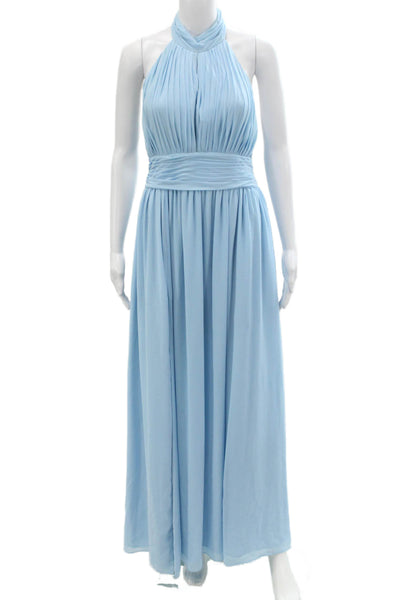Fame and Partners Womens Sleeveless Halter Neckline Ruched Long Dress Blue Size
