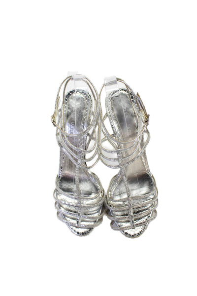Jill Stuart Women's Open Toe Strappy Wrap Ankle Heels Sandals Silver Size 39.5