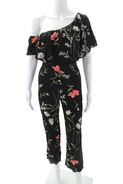 Flynn Skye Womens Floral One Shoulder Layered Neckline Jumpsuit Black Size XS