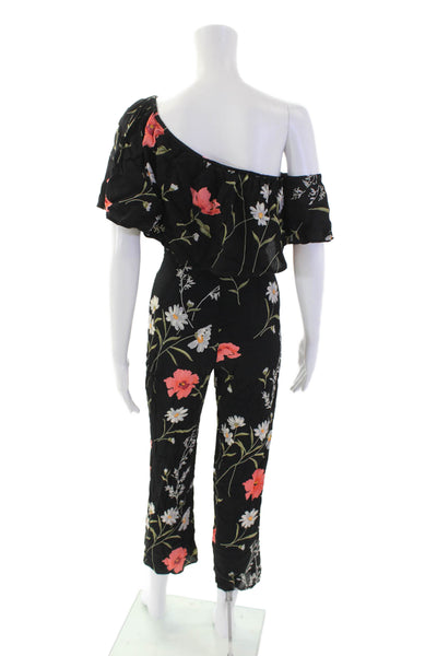 Flynn Skye Womens Floral One Shoulder Layered Neckline Jumpsuit Black Size XS