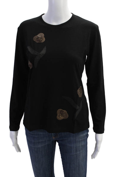 Natto Womens Floral Applique Long Sleeve Stretch Basic Shirt Black Size 1XL