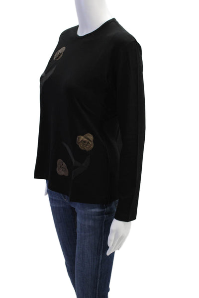 Natto Womens Floral Applique Long Sleeve Stretch Basic Shirt Black Size 1XL