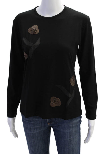 Natto Womens Floral Applique Long Sleeve Stretch Blouse Black Size XL