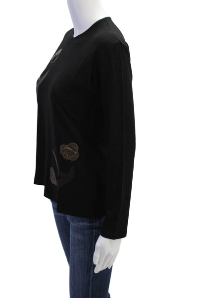 Natto Womens Floral Applique Long Sleeve Stretch Blouse Black Size XL