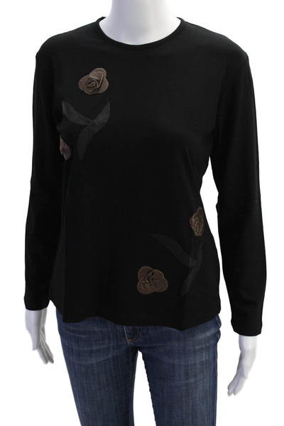 Natto Womens Floral Applique Long Sleeve Stretch Basic Shirt Black Size M