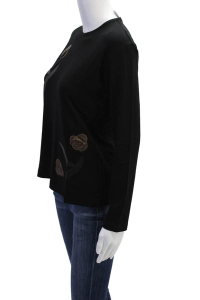 Natto Womens Floral Applique Long Sleeve Stretch Basic Shirt Black Size M